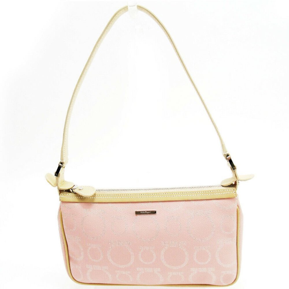 AUTH Salvatore Ferragamo Handbag Gancini Pink Beige PVC Leather